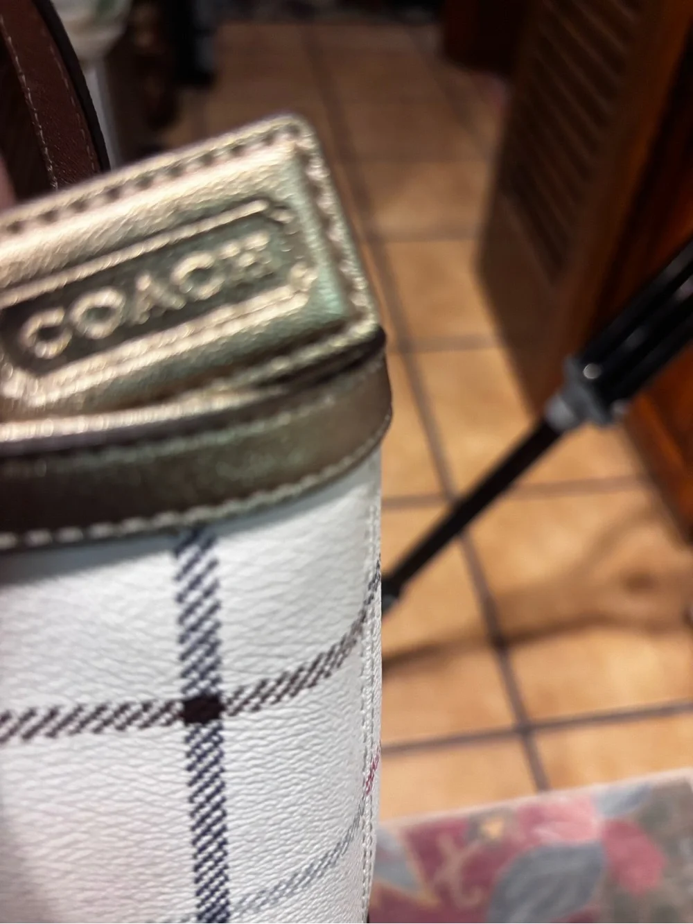 Vintage Y2K Coach White Plaid Tote with Purple Logo and Gold Trim